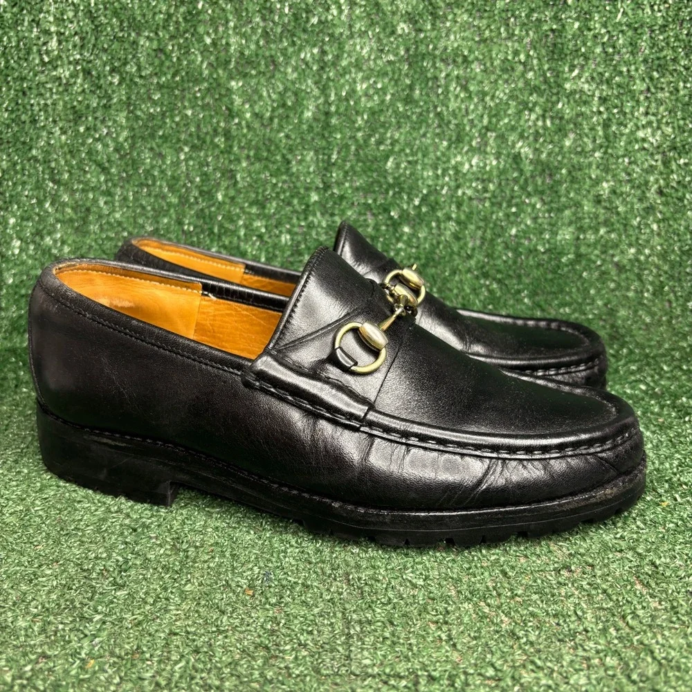 Gucci Horsebit Vibram Lug Sole Leather Vintage Classic Loafers Black Mens Sz 8 D